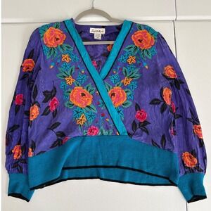 Vintage Silkline 100% Silk Floral Wrap Blouse Purple Teal 80s Padded Shoulder a5